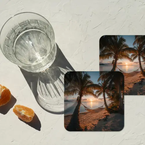 Palmbomen - Hangmat - Strand - Zonsondergang onderzetter kurk middel -sfeer4