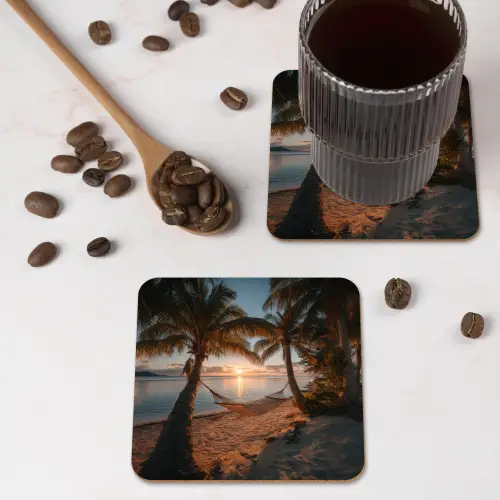 Palmbomen - Hangmat - Strand - Zonsondergang onderzetter kurk middel -sfeer2