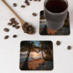Palmbomen - Hangmat - Strand - Zonsondergang onderzetter kurk middel -sfeer2
