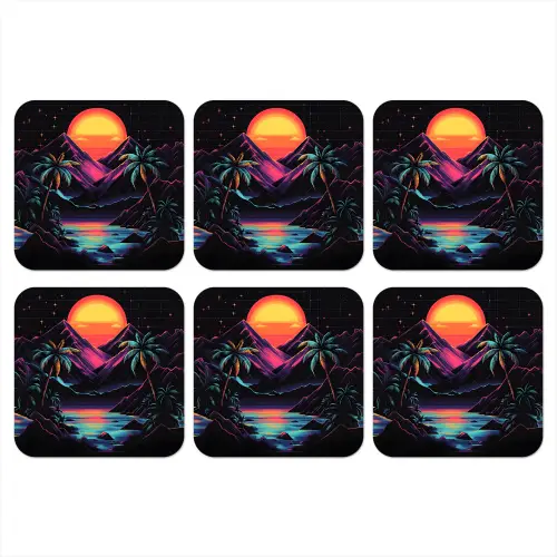 Palmbomen - Neonbergen - Sterrenhemel - Zon onderzetter kurk middel -3d