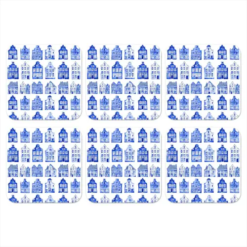 Patroon - Huizen - Blauw onderzetter kurk middel 366 -3d