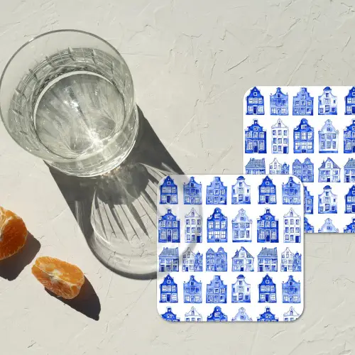 Patroon - Huizen - Blauw onderzetter kurk middel 366 -sfeer4