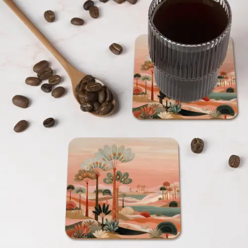Roze landschap - Palmen - Water onderzetter kurk middel -sfeer2