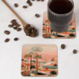 Roze landschap - Palmen - Water onderzetter kurk middel -sfeer2