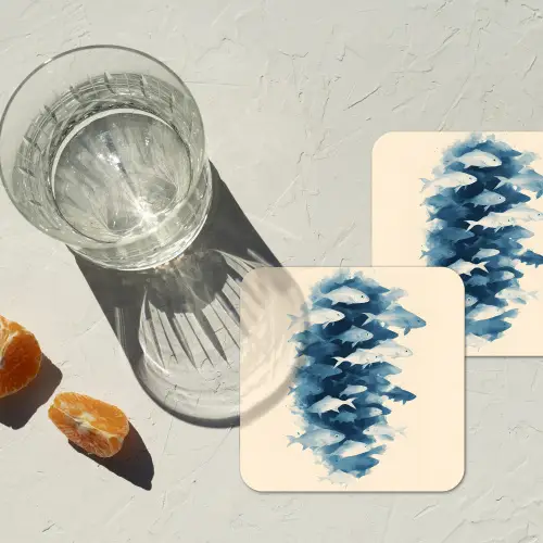 Vissen - Minimalistisch - Blauw onderzetter kurk middel -sfeer4