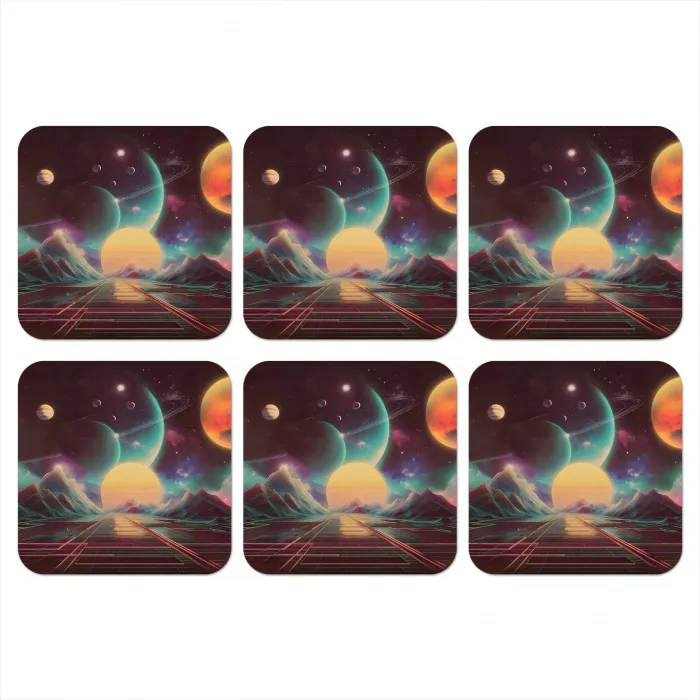 Planeten - Neon - Berglandschap - Zon onderzetter kurk middel -3d