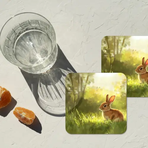 Konijn - Zonlicht - Bos onderzetter kurk middel -sfeer4