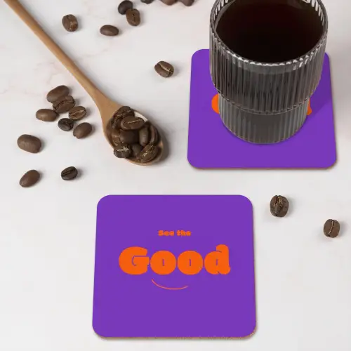 See the good - Oranje - Paars - Smiley onderzetter kurk middel -sfeer2
