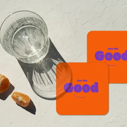 See the good - Paars - Oranje - Smiley onderzetter kurk middel -sfeer4