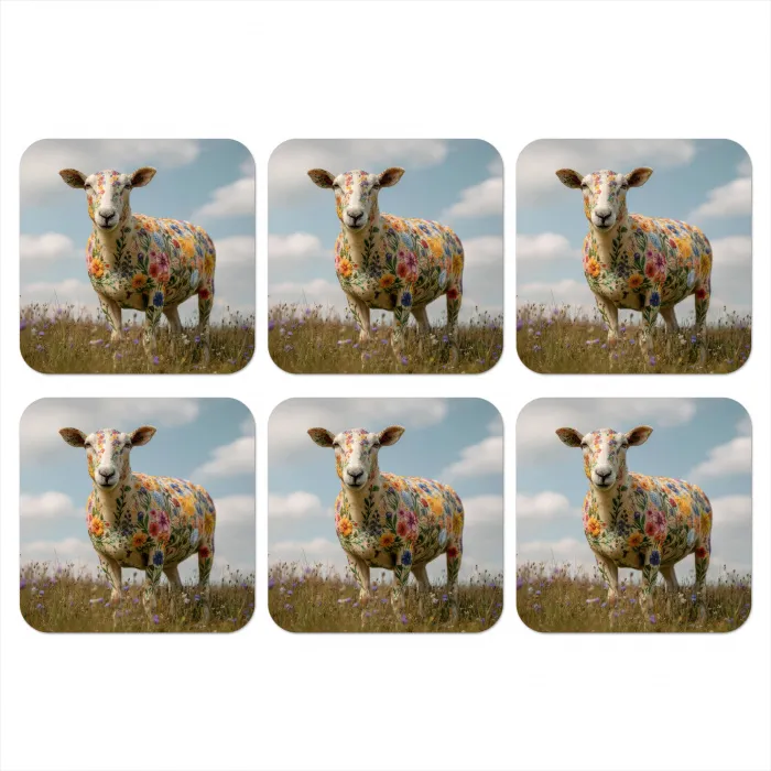 Schaap - Bloemen - Weide onderzetter kurk middel -3d