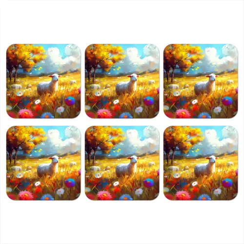 Schaap - Weide - Bloemen onderzetter kurk middel -3d