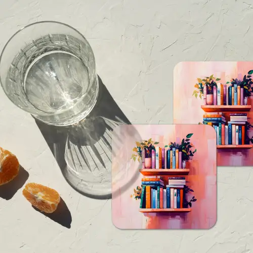 Planken - Boeken - Bladeren onderzetter kurk middel -sfeer4