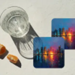 Skyline - Penseelstreken - Donkerblauw - Lichtgevend onderzetter kurk middel -sfeer4
