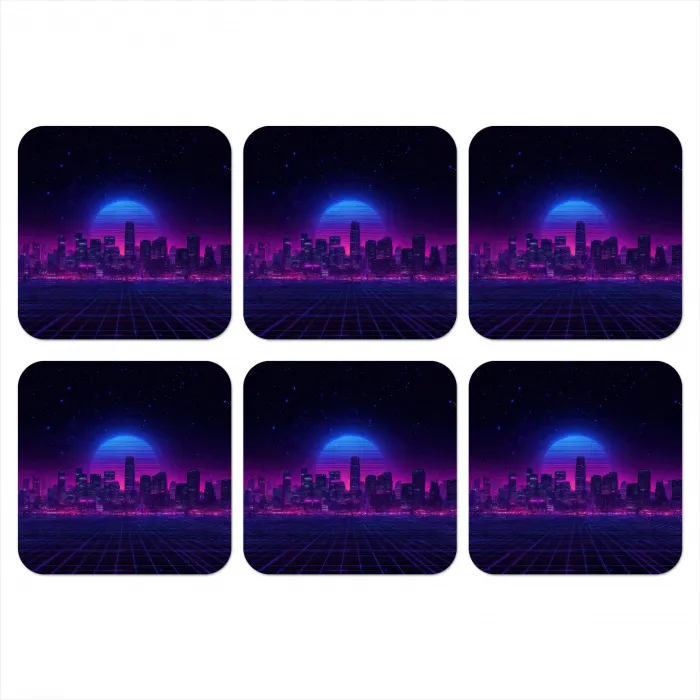 Skyline - Zon - Neon - Rasterpatroon onderzetter kurk middel -3d