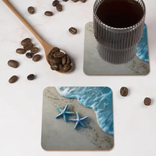 Zeesterren - Zand - Zee - Blauw onderzetter kurk middel -sfeer2