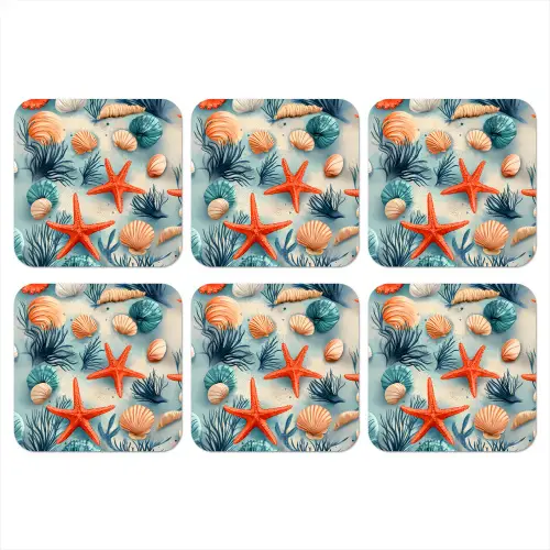 Zeesterren - Schelpen - Illustratie - Zand onderzetter kurk middel -3d