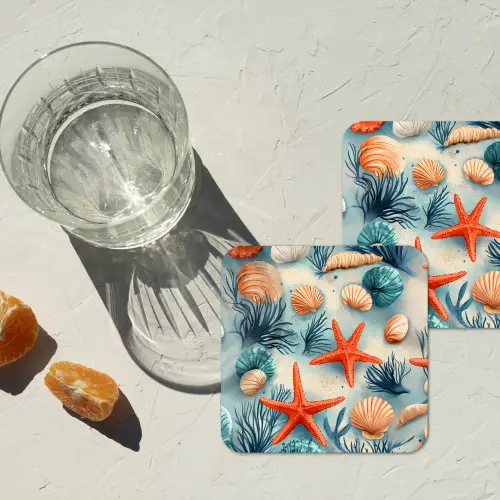 Zeesterren - Schelpen - Illustratie - Zand onderzetter kurk middel -sfeer4