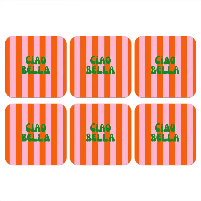 Strepen - Oranje - Verticaal - Ciao bella onderzetter kurk middel -3d