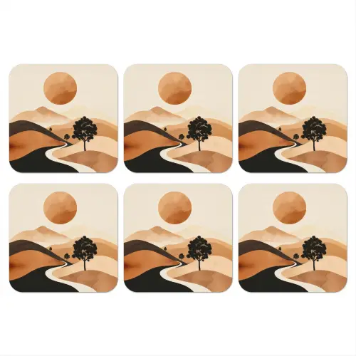 Zon - Heuvels - Boom - Abstract onderzetter kurk middel -3d
