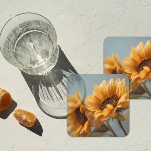Zonnebloemen - Geel - Wazig onderzetter kurk middel -sfeer4