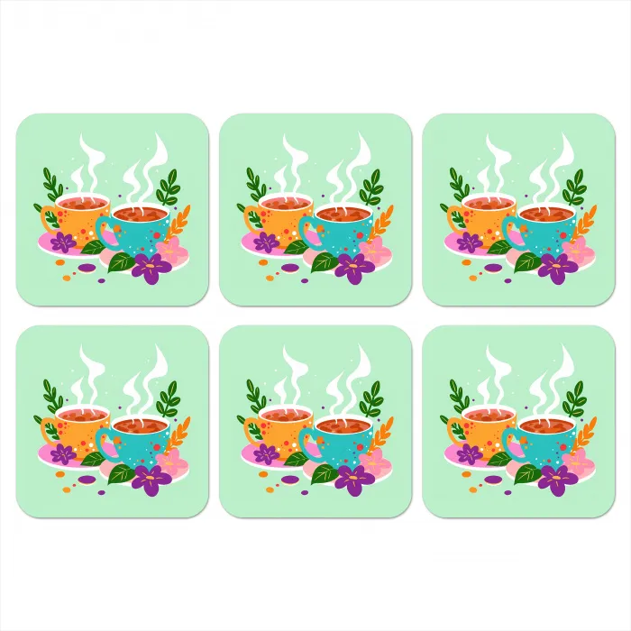 Thee - Illustratie - Kopjes - Bloemen onderzetter kurk middel -3d