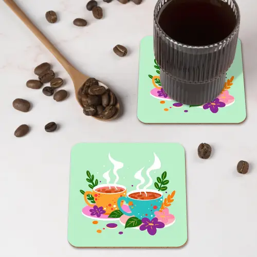 Thee - Illustratie - Kopjes - Bloemen onderzetter kurk middel -sfeer2