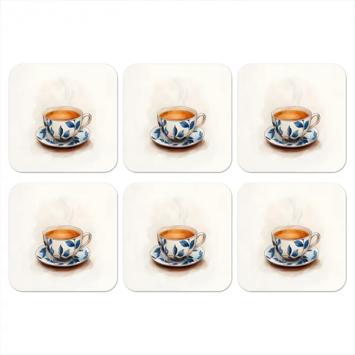 Theekop - Bladeren - Blauw onderzetter kurk middel -3d