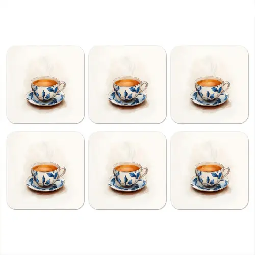 Theekop - Bladeren - Blauw onderzetter kurk middel -3d