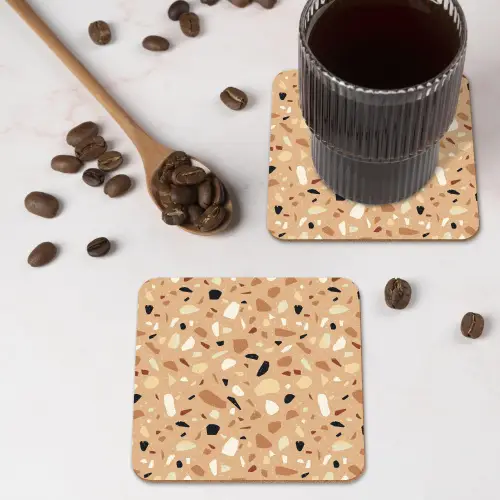 Terrazzo - Patroon - Kleurrijk - Oranje onderzetter kurk middel 366 -sfeer2