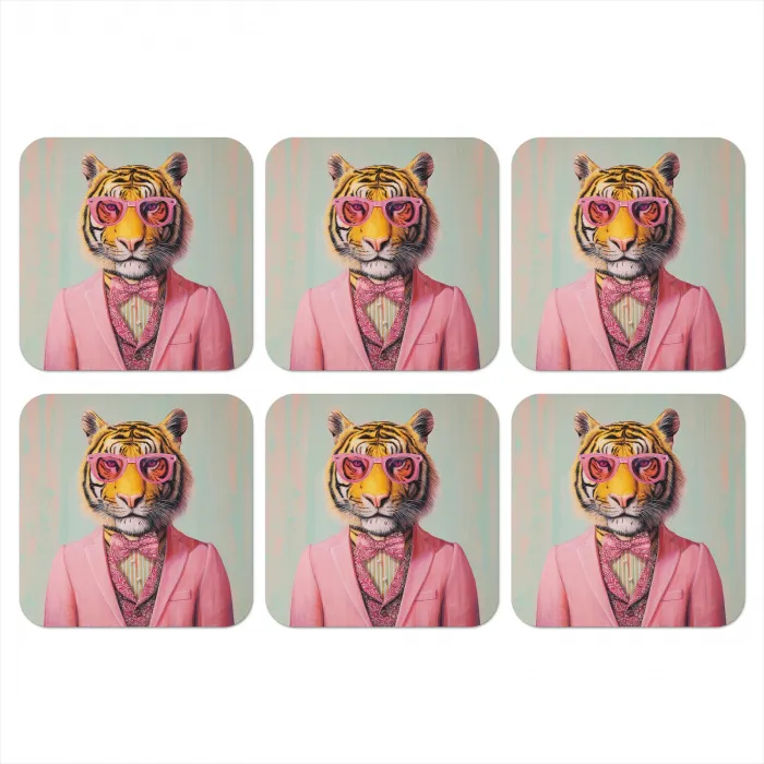 Tijger - Strik - Jasje - Roze onderzetter kurk middel -3d