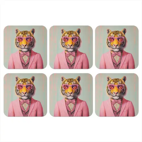 Tijger - Strik - Jasje - Roze onderzetter kurk middel -3d