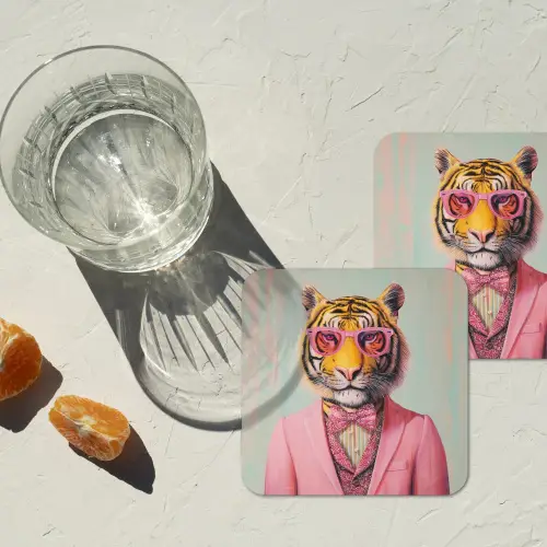 Tijger - Strik - Jasje - Roze onderzetter kurk middel -sfeer4