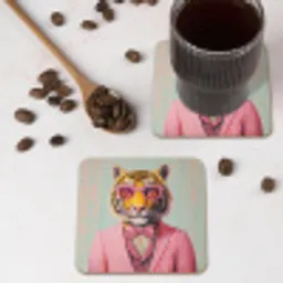 Tijger - Strik - Jasje - Roze onderzetter kurk middel -sfeer2