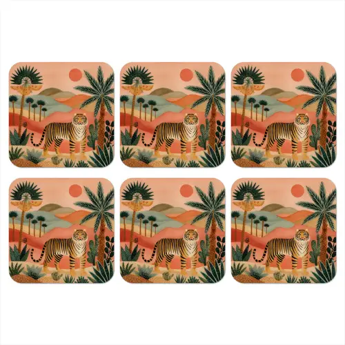 Tijger - Kleurrijk - Palmen - Cactus onderzetter kurk middel -3d