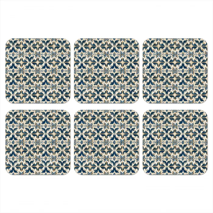 Tegel - Patroon - Blauw - Beige onderzetter kurk middel 366 -3d