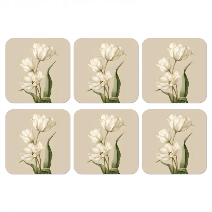 Tulpen - Wit - Bladeren onderzetter kurk middel -3d