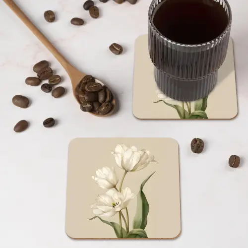 Tulpen - Wit - Bladeren onderzetter kurk middel -sfeer2