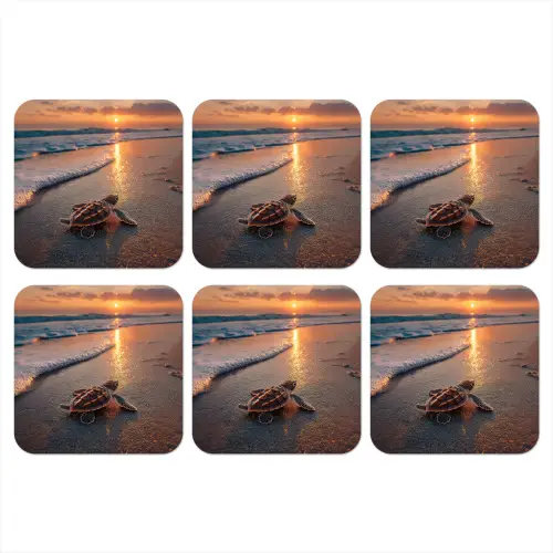 Schildpad - strand - Zonsondergang onderzetter kurk middel -3d