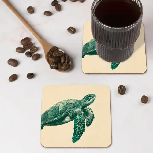 Schildpad - Sierlijk - Groen - Schild onderzetter kurk middel -sfeer2
