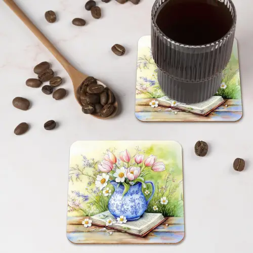 Vaas - Delftsblauw - Madeliefjes onderzetter kurk middel -sfeer2