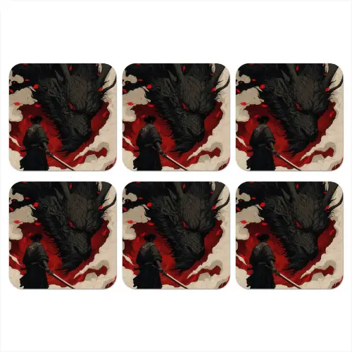 Krijger - Draak - Zwart - Rood - Rook onderzetter kurk middel -3d