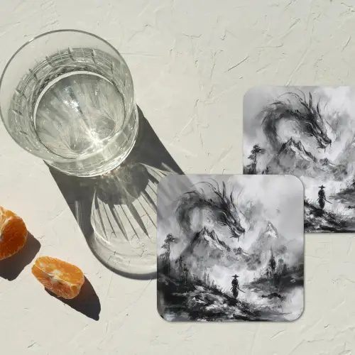 Krijger - Draak - Grijs onderzetter kurk middel -sfeer4