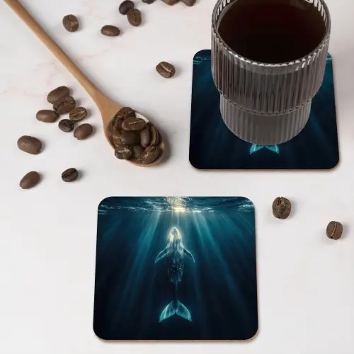 Walvis - Water - Zonnestralen - Blauw onderzetter kurk middel -sfeer2