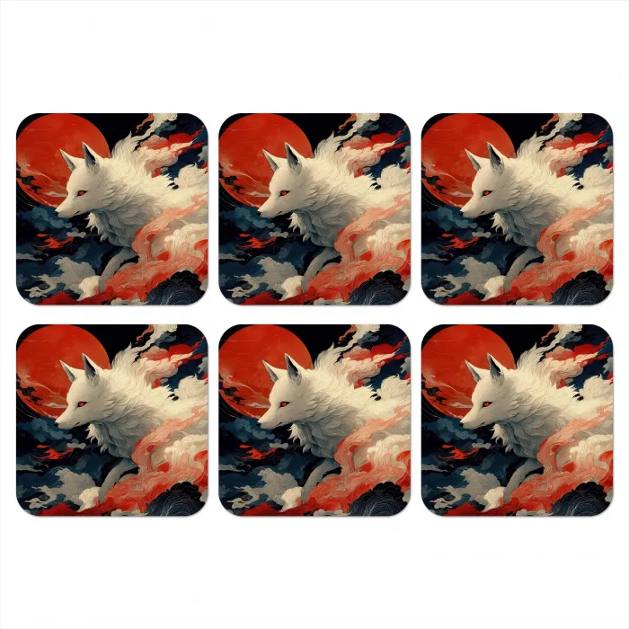 Witte vos - wolken - maan onderzetter kurk middel -3d