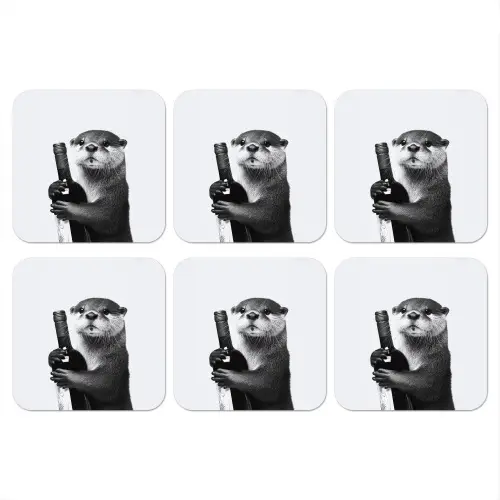 Wijnfles - Otter - Zwart onderzetter kurk middel -3d