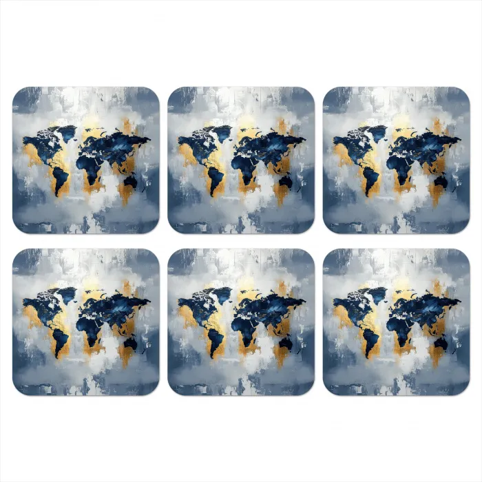 Wereldkaart - Blauw - Abstract onderzetter kurk middel -3d