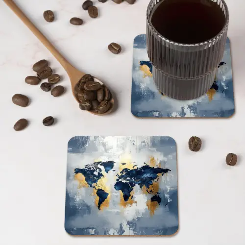 Wereldkaart - Blauw - Abstract onderzetter kurk middel -sfeer2