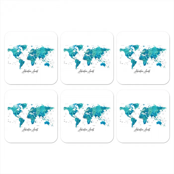 Wereldkaart - Blauw - Kleurrijk onderzetter kurk middel -3d