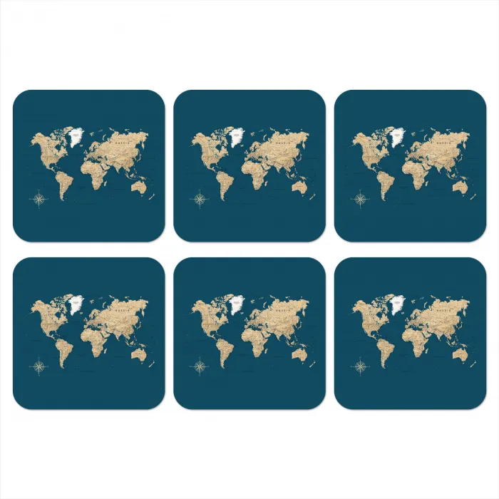 Wereldkaart - Donkerblauw - Beige onderzetter kurk middel -3d