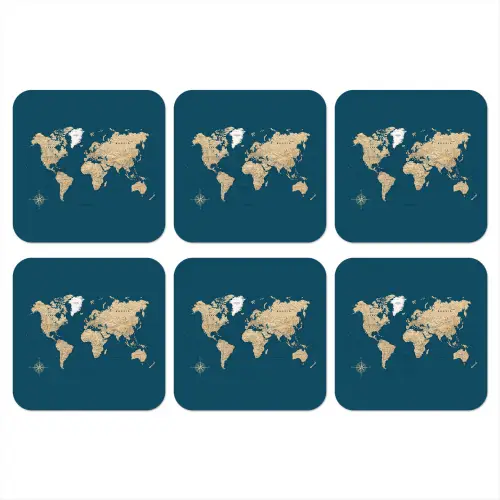 Wereldkaart - Donkerblauw - Beige onderzetter kurk middel -3d